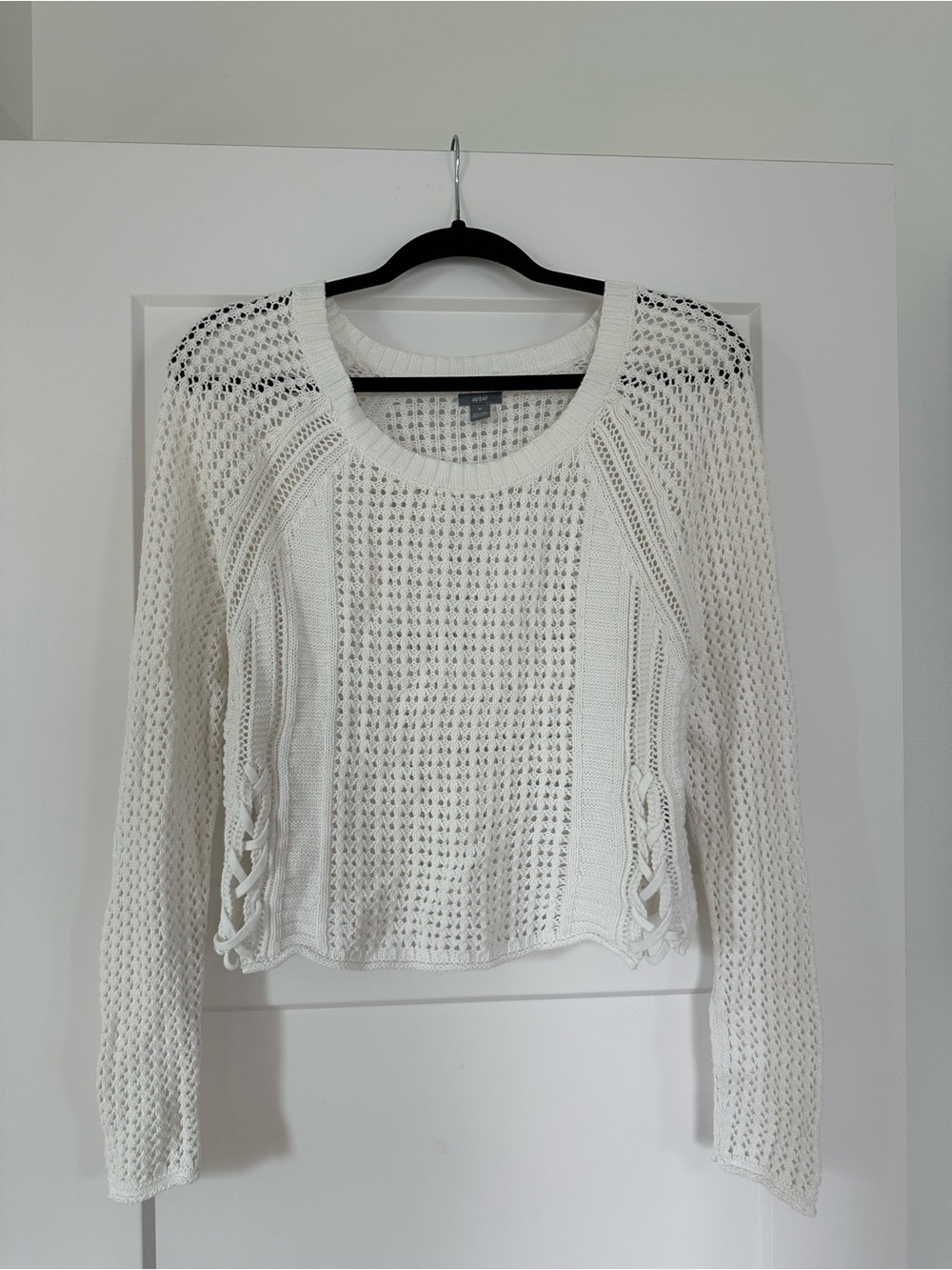 aerie White Open-Knit Scoop Neck Sweater